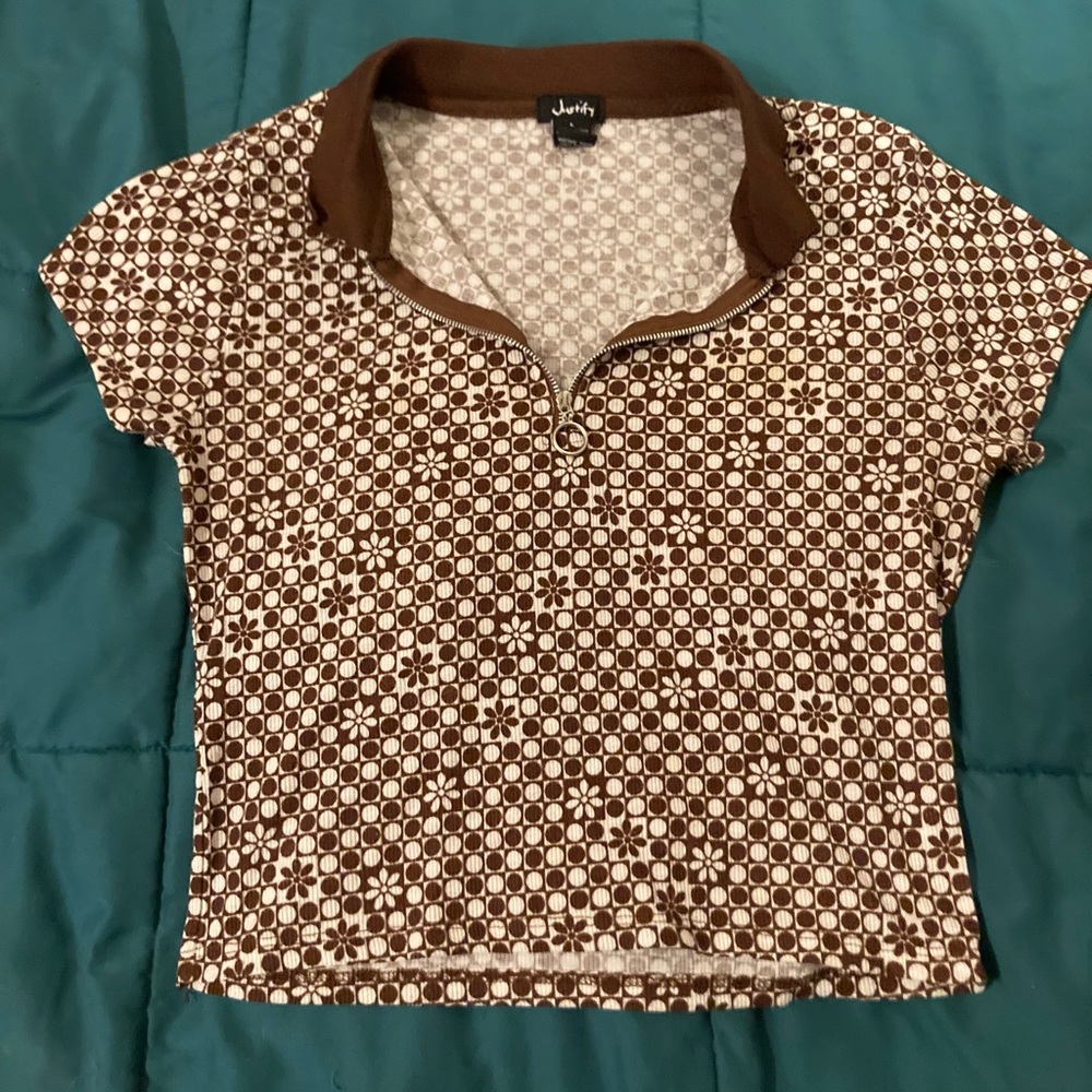 Justify brown half zip crop top shirt